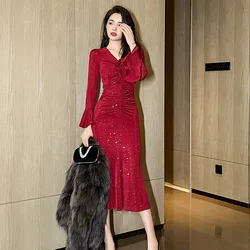 2023 Autumn and Winter New Women's French V-neck Flare Sleeve Pleated Slim Fit Fishtail Red Dress