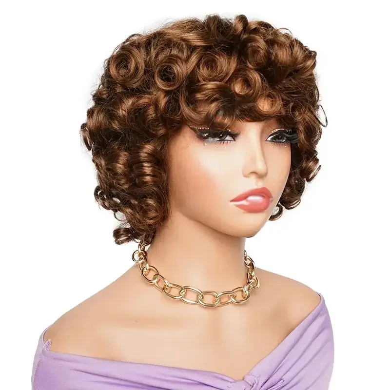 

250Density Black Brown 99j Burgundy Bouncy Curl Glueless Human Hair Wigs With Bang Wear To Go Sprial Curly Machine Made Full Wig