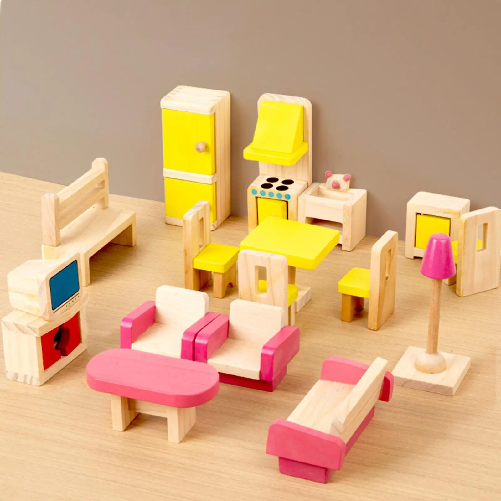 26 Uds. Muebles de madera para casa de muñecas, muebles para casa de juegos de juguete, sala de estar y baño