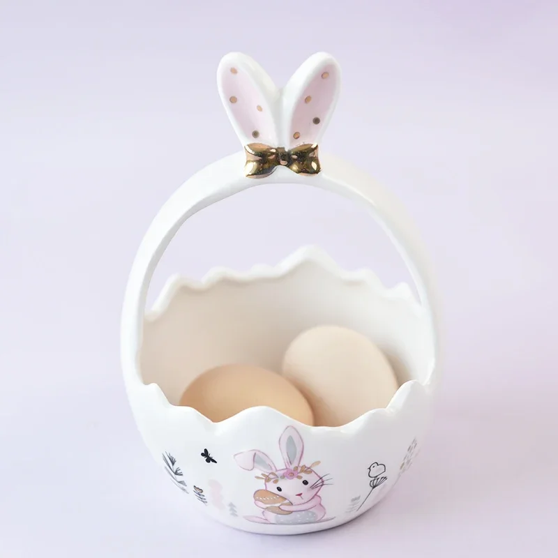 Easter Pink Rabbit Ceramic Storage Basket Creative Ceramic Flower Basket Egg Water Fruit Basket Desktop Decorative Ornaments