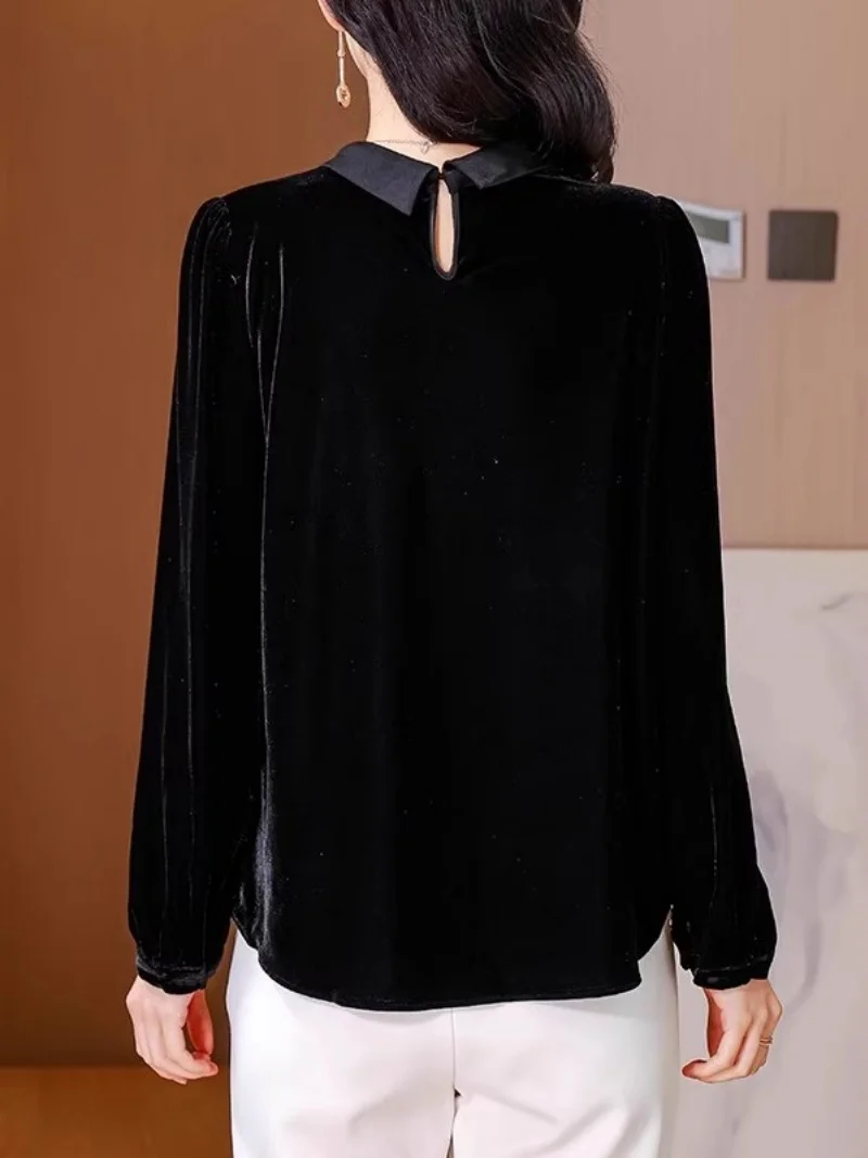 Top de terciopelo con lazo de estilo francés para mujer primavera Otoño e Invierno 2025 Retro de gama alta versátil camisa de manga larga blusa w1799