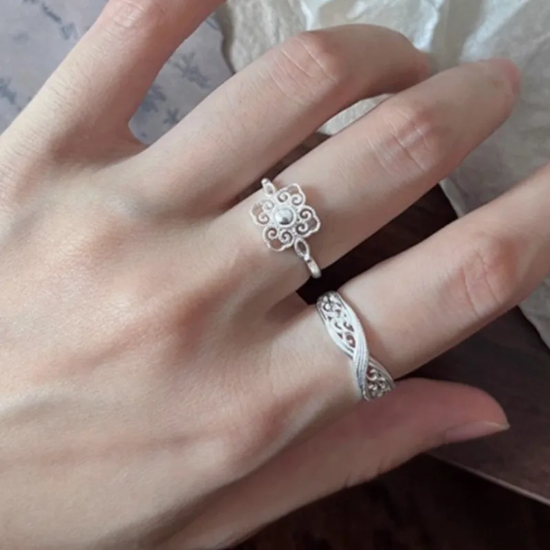 

VENTFILLE 925 Sterling Silver Branch Texture Ring For Women Hollow Out Ethnic Retro Elegant Temperament Open Jewelry Dropship