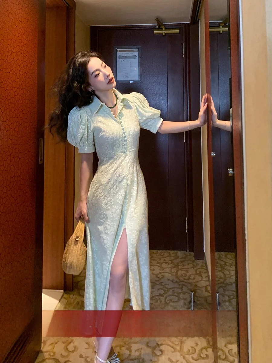 

New Chinese Sle Bubble Sve Slit Dr Women's Summer Cotton Dr Floral Embroidery A-Line Midi Dr