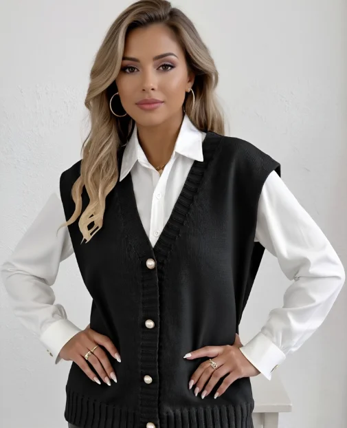 

Autumn Winter 2025 Sleeveles Ladies Cardigan Sweater Vest Jacket Faux Pearls Buttons Decor Women's Knitting Waistcoat Top