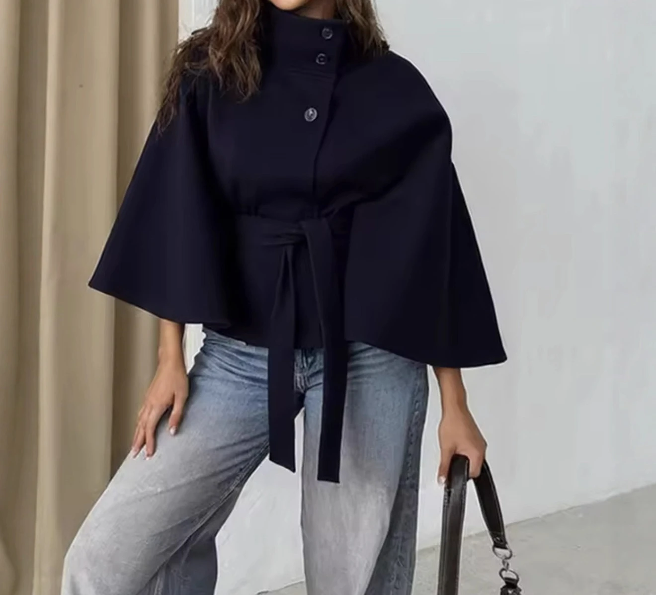 

Popular Women's Fashion Loose Stand Collar Bathrobe style Coat with Belt and Coat - In Stock