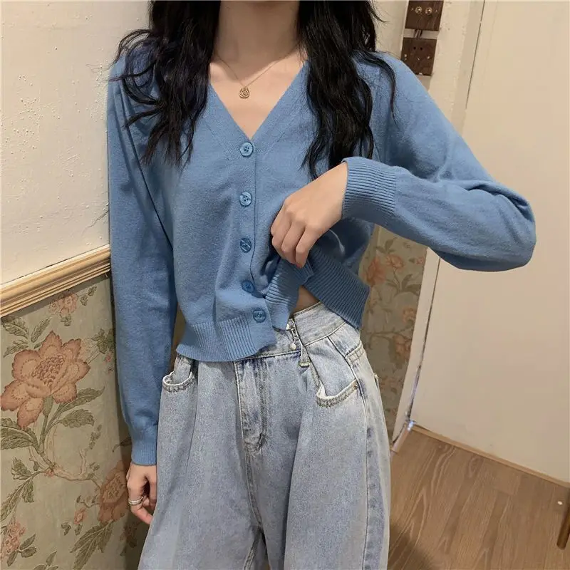 2023 Autumn New V-Neck Cropped Cardigan Fashion Women's Top Thin Versatile Coat Long Sleeve Knit