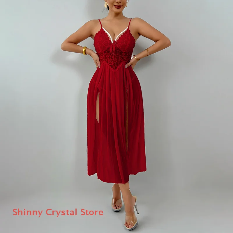 

New Pearl Embellished Sleepwear Dress Sexy Mesh Side Slit Temptation Strap Long Dress Backless Deep V Suspenders Sleeveless
