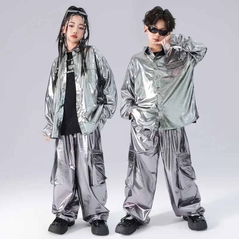 Children Boys Girls Fashion Show Silver Long Sleeve Loose Casual Shirt Cargo Pant Sets Stage Dance Performance Clothes Suits