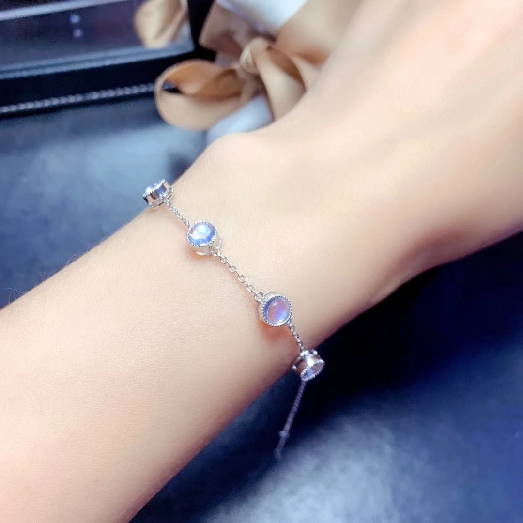 MeiBaPJ 5mm Real Natural Moonstone Gemstone Fashion Bracelet 925 Sterling Silver Bangle for Women Fine Wedding Jewelry