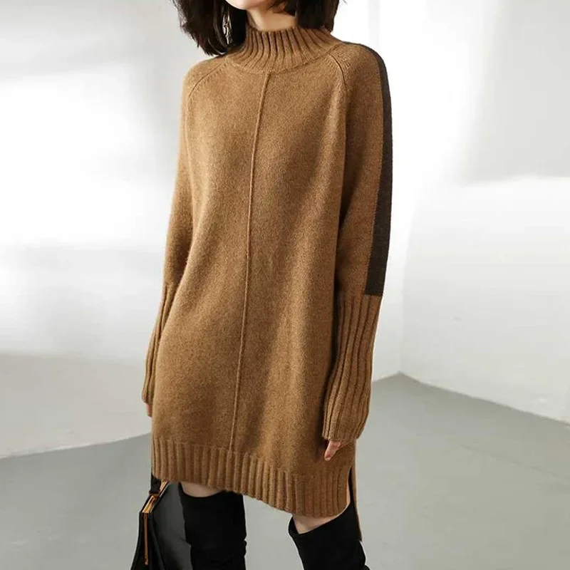 Autumn Winter Turtleneck Knitted Sweater Women Pullovers Dress Warm Thick Jumpers Wool Knit Crochet Y2k Split Jumper Cardigan