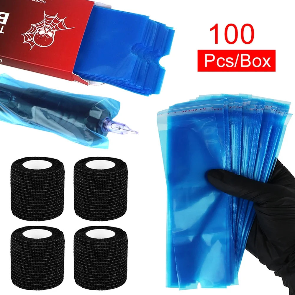 100pcs Self-adhesive Tattoo Pen Pouch with 4pcs Handle Self-adhesive Bandage, Dust Cover Tattoo Pen Bag, Suitable for Tattoo Pen