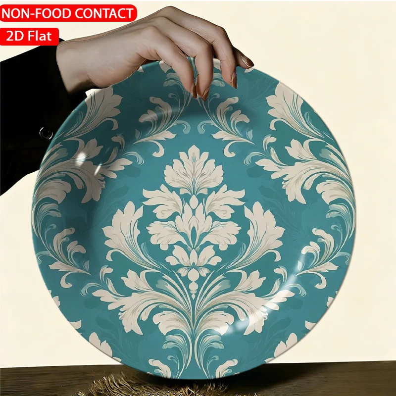 1pc Elegant Ceramic Decorative Plate Damask Floral Teal Theme Design Non-Food Contact, Home Desk Ornaments, Living Room And