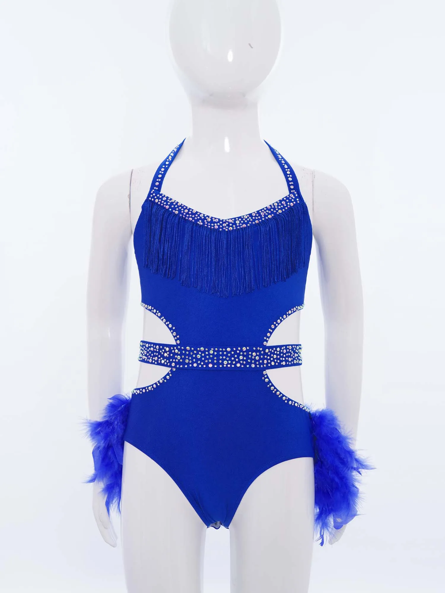 

Kids Girls Latin Dance Performance Costume Halter Sleeveless Cutout Sparkly Rhinestones Bodice Feather Skirted Leotard Dancewear