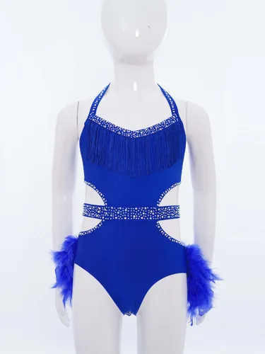 Imagen 2 del producto Niños Niñas Ballet danza leotardo patinaje artístico gimnasia corpiño falda de plumas traje Halter Jazz latino Rumba Samba Ropa de baile