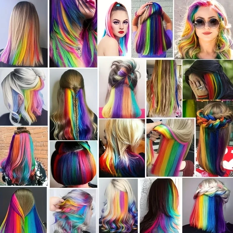 22 Zoll Synthetische 6-teilige Lange Glatte Haarverlängerung, Farbige Regenbogen-Hochtemperaturfaser-Haarteil für Frauen, Täglicher und Party-Gebrauch – Detail 6