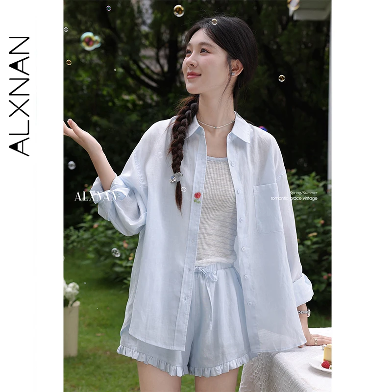 

ALXNAN синяя рубашка с защитой от солнца, повседневная свободная блузка с длинными рукавами, лето 202, офисная женская тонкая модная женская одежда L56568