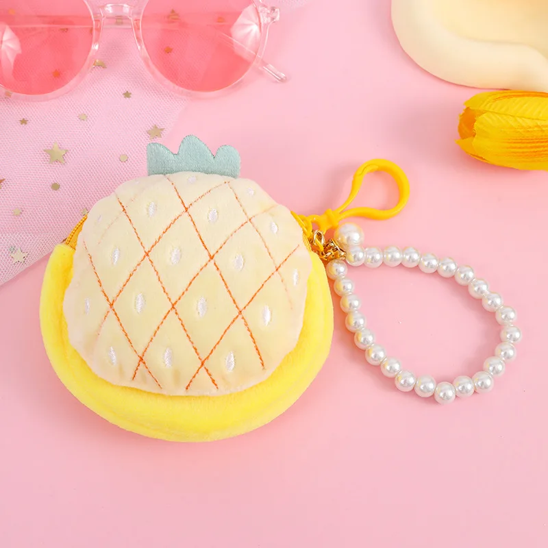 Cute Beaded Chain Fruit Shape Plush Coin Purse Watermelon Pineapple Orange Strawberry Purse Bag Pendant Kids Coin Pouch Wallet