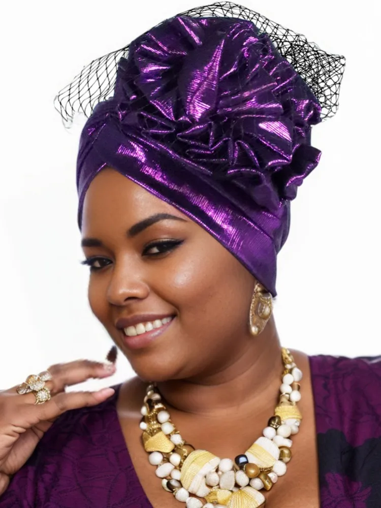 Fashion Women Glitter Pleated Turban Cap For Women Auto Gele Headtie Female Head Wraps African Nigeria Wedding Party Headpiece