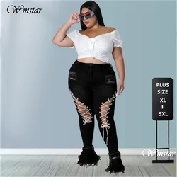 Wmstar-pantalones vaqueros acampanados de talla grande para mujer, vaqueros de cintura alta con agujero de borla, parte inferior rasgada, elásticos, nuevos, venta al por mayor, envío directo