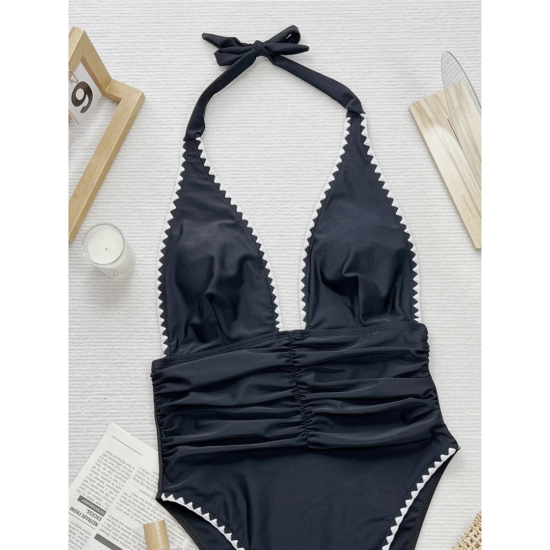 V-Ausschnitt, Neckholder, geraffter Damen-Badeanzug, einteiliger Badeanzug, Damen-Badeanzug mit hohem Beinausschnitt, rückenfreier Monokini-Badeanzug, Badeanzug, Badebekleidung, V5878 – Detail 10