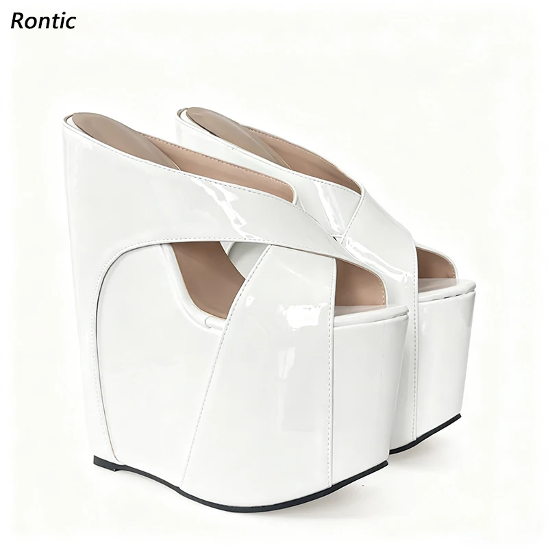 

Rontic Handmade Women's White Platform Wedge Sandals - Patent Leather Cross Strap Design Shoes US Plus Size 5-15