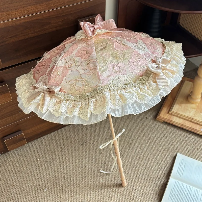 Vintage Shimmer Fabric Lace Lolita Parasol Elegant Bridal Prop Party Wedding Decorative Umbrella Shoot Cosplay Costume Accessory