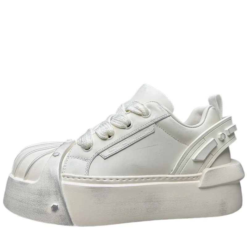 

Retro Original Design Casual Bread Board Shoes for Men's Genuine Leather White Sneakers Thick Soled Height Increasing Shoes Male