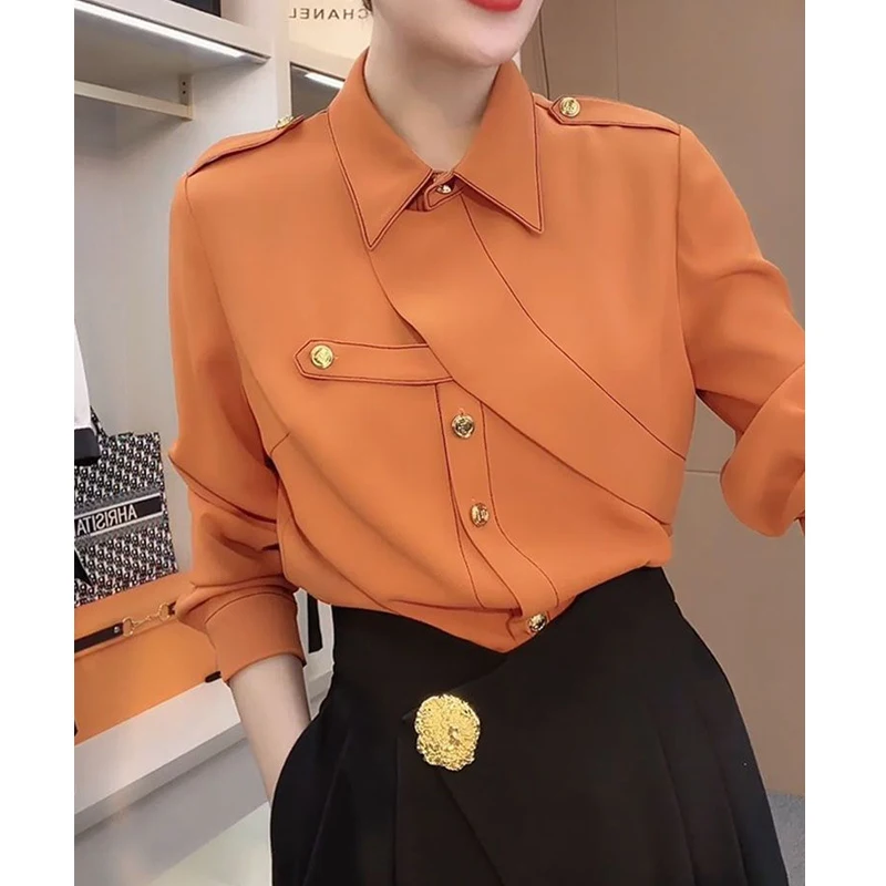 Women Korean Fashion Vintage Elegant Button Shirts Office Lady Asymmetrical Design Blouse Long Sleeve Tops Spring Autumn Blusas