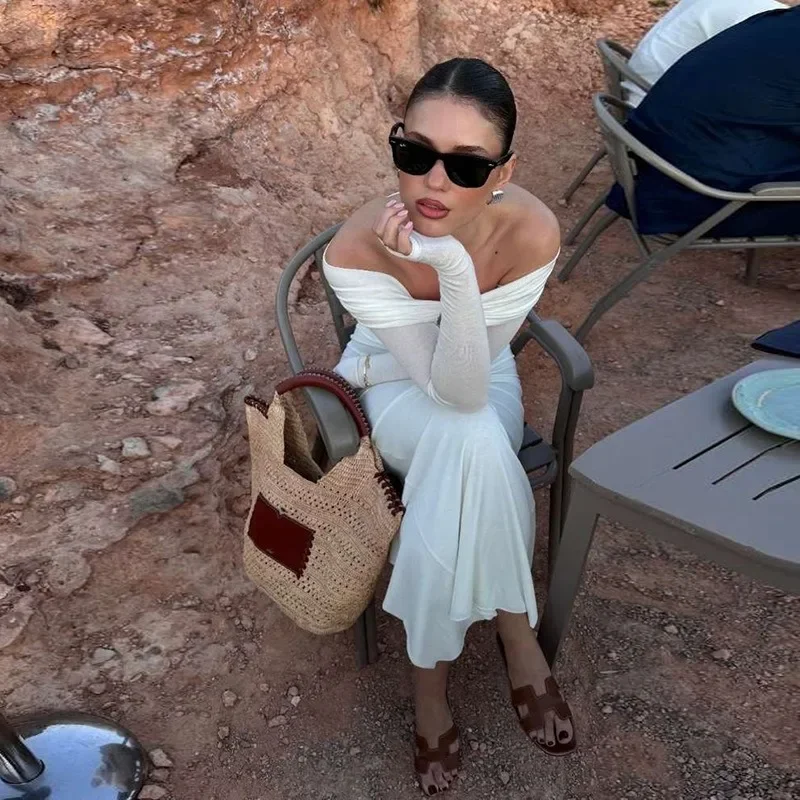 Off-Shoulder See-through Slim Long Dress Women's Sexy Strapless Slit Dress Fashion Long Sleeve Slim Beach Long Dress