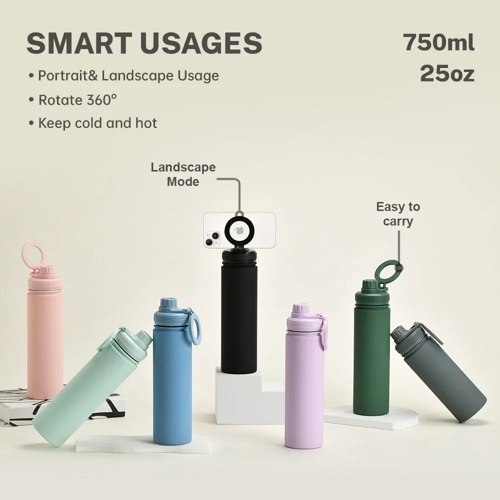 750ML Large Capacity Wide Mouth Sports Thermos Cup With A Magnetic Cellphone Stand Handle,2-layer Stainless Steel Water Bottle