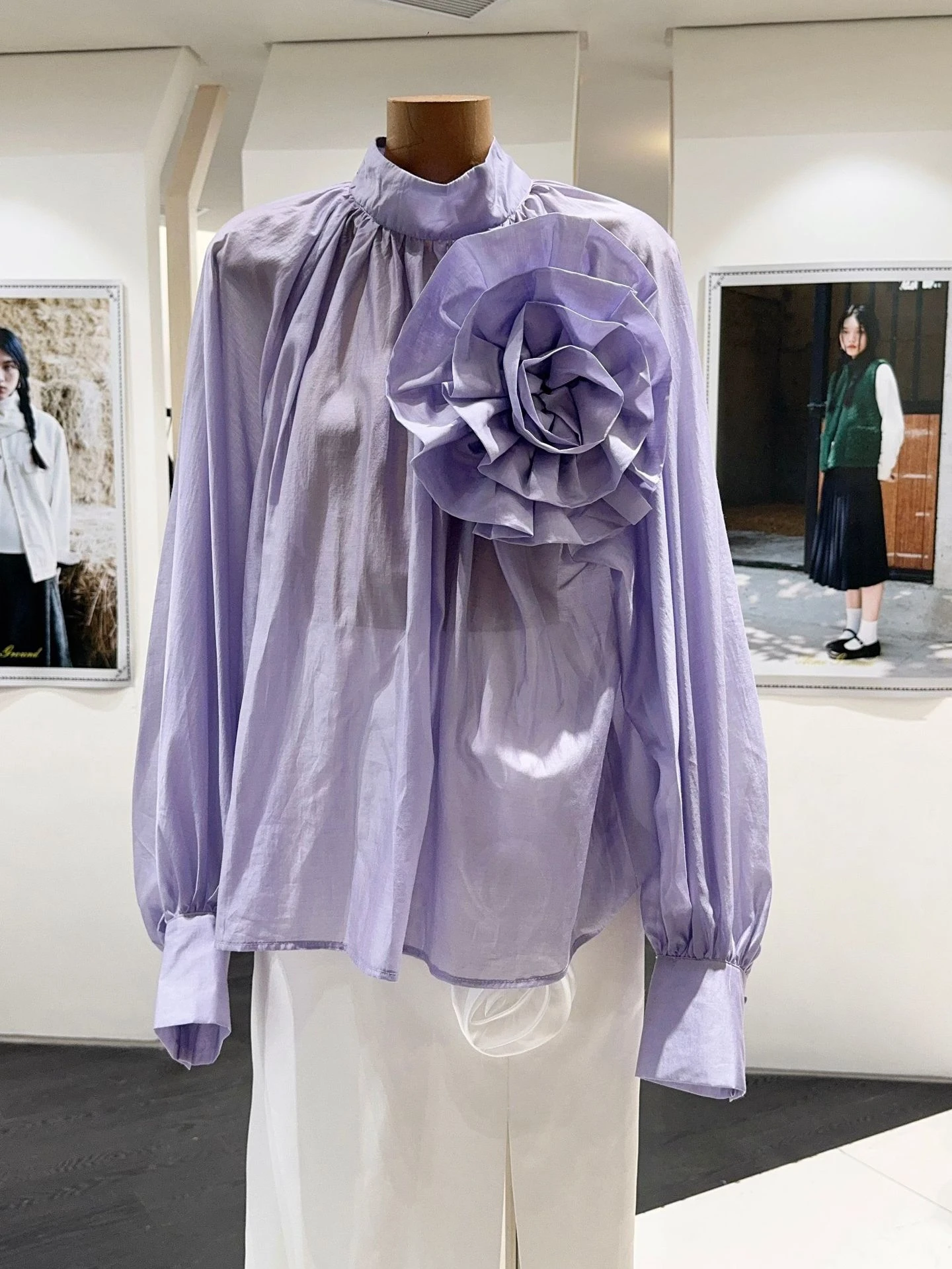 

Ele 2025 New Sle Floral Splicing Loose Hem irt Purple Women's Flavor Upper Body Polyester Fiber Long Sve Stand Collar