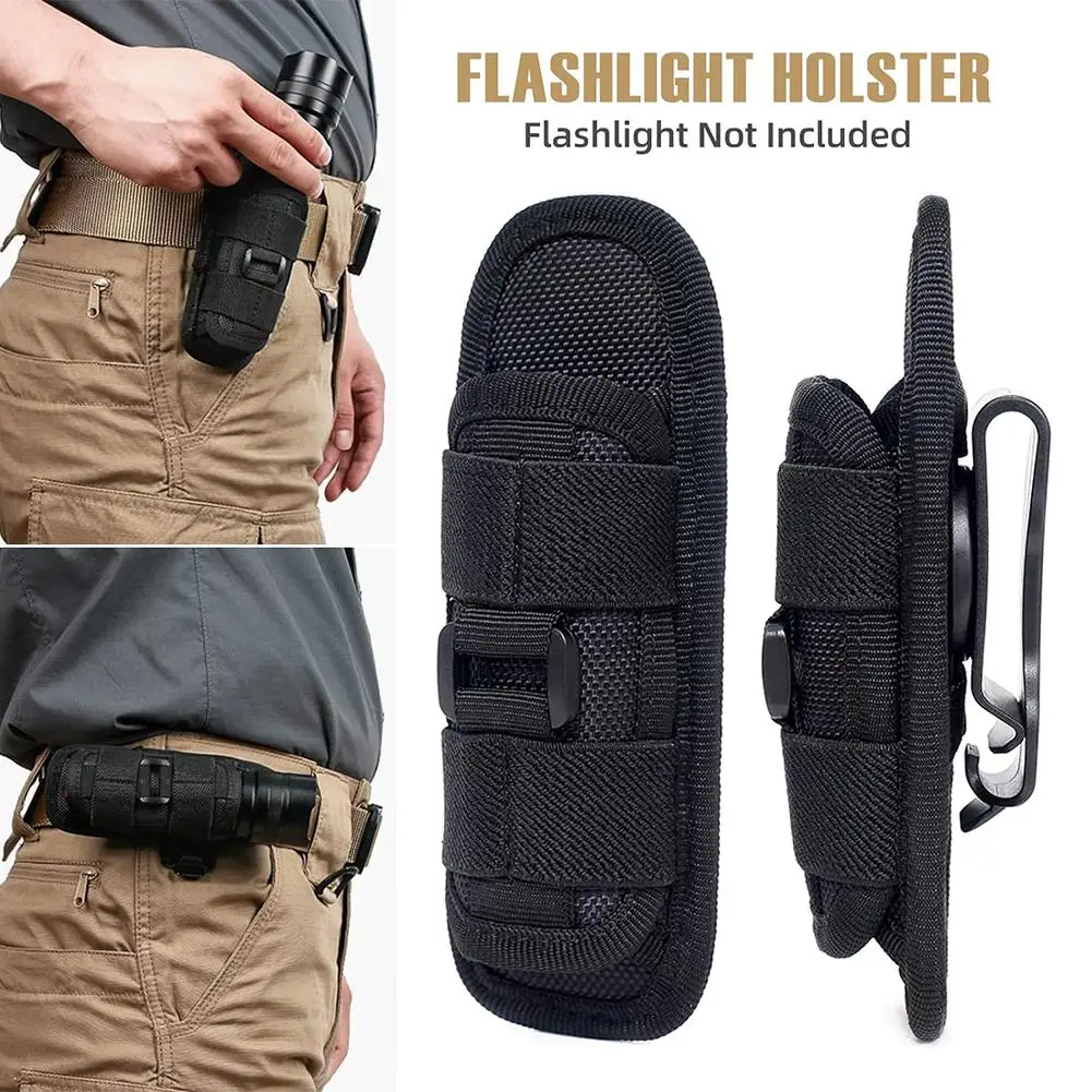 Tactical Flashlight Pouch Holster, Rotatable Holder Belt Clip Tactical Torch Carry Case With 360 Degree Carabiner Reel Clip