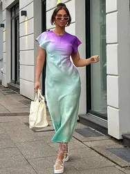 HH Women's Fashion Print Short Sleeve Dress Vintage Tie Dye O-Neck Midi Dresses Spring Female Casual Chic Satin Dress