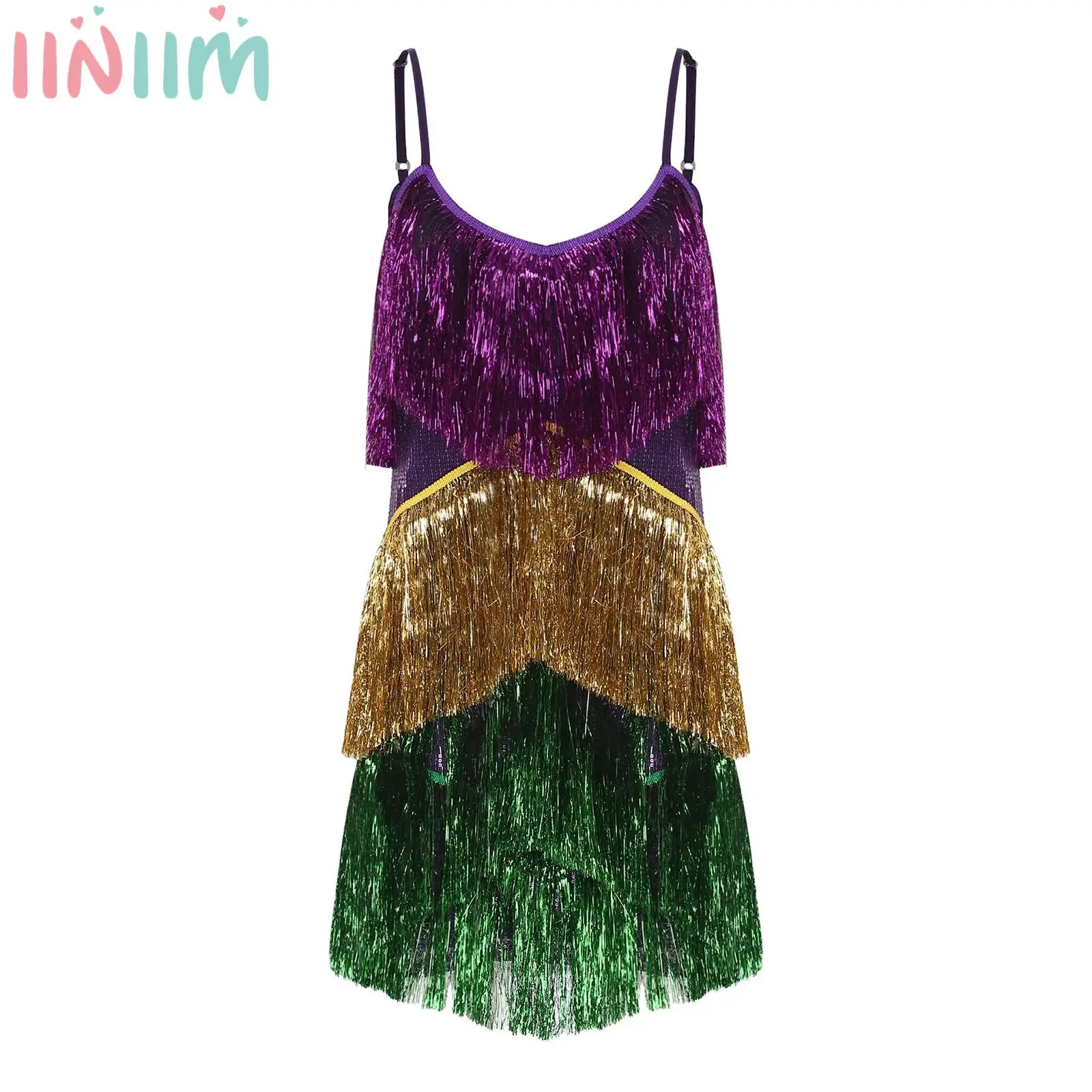 Abito da Danza del Ventre per Donna, Vestito Mini con Paillettes Luccicanti e Frange, Abito Senza Maniche con Blocchi di Colore e Nappe per Discoteca e Danza Samba