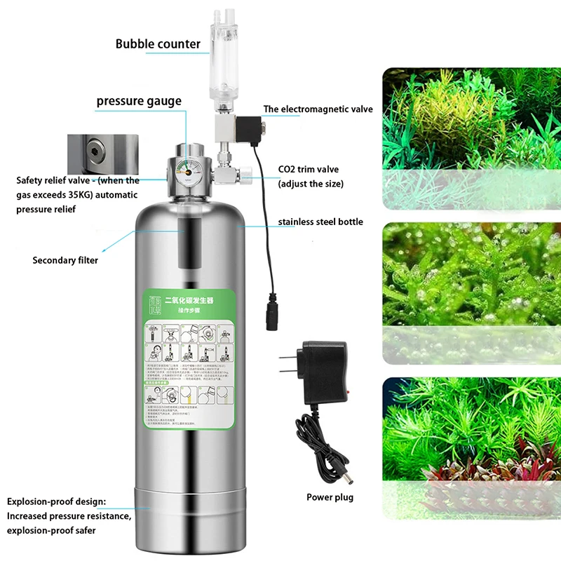 Imagem -02 - Gerador de Co2 para Aquário 1l 2l Sistema Gerador de Cilindro de Co2 Injeção de Água em Aço Inoxidável Medidor de Bolhas Planta Aquática