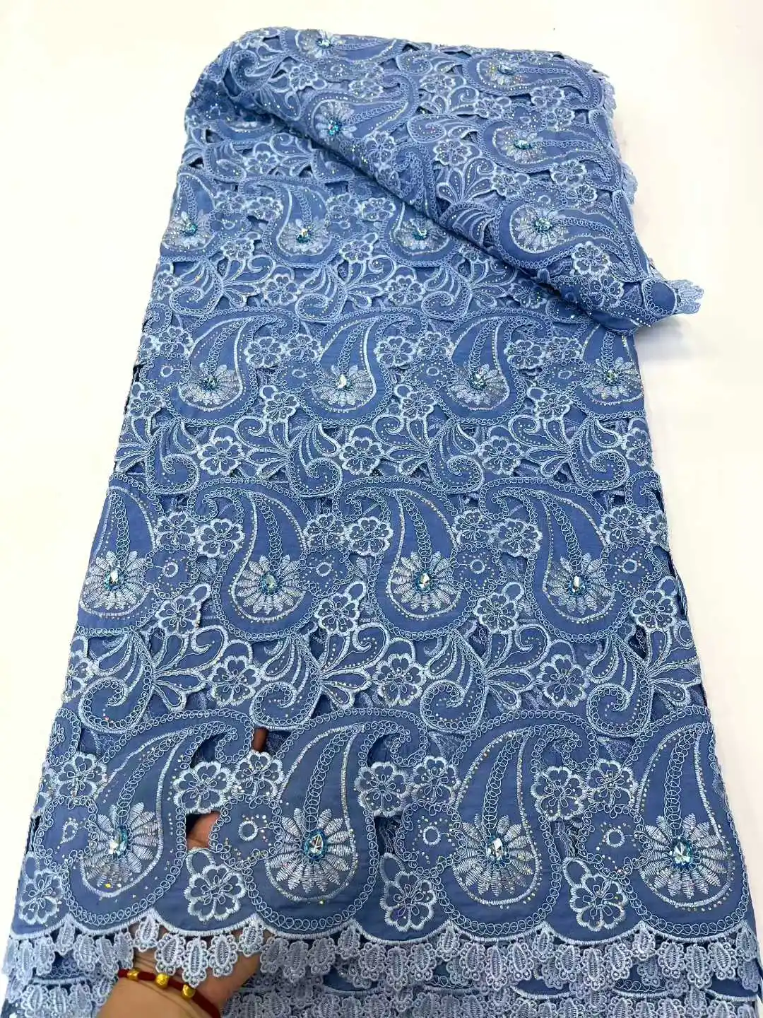 ผ้าลูกไม้คุณภาพสูงจากไนจีเรีย แอฟริกา ปักลายด้วยลูกปัด ประดับด้วยหิน ผ้าทูลล์ กิปัวร์ ละลายน้ำได้ 5 หลา สำหรับชุดแต่งงาน