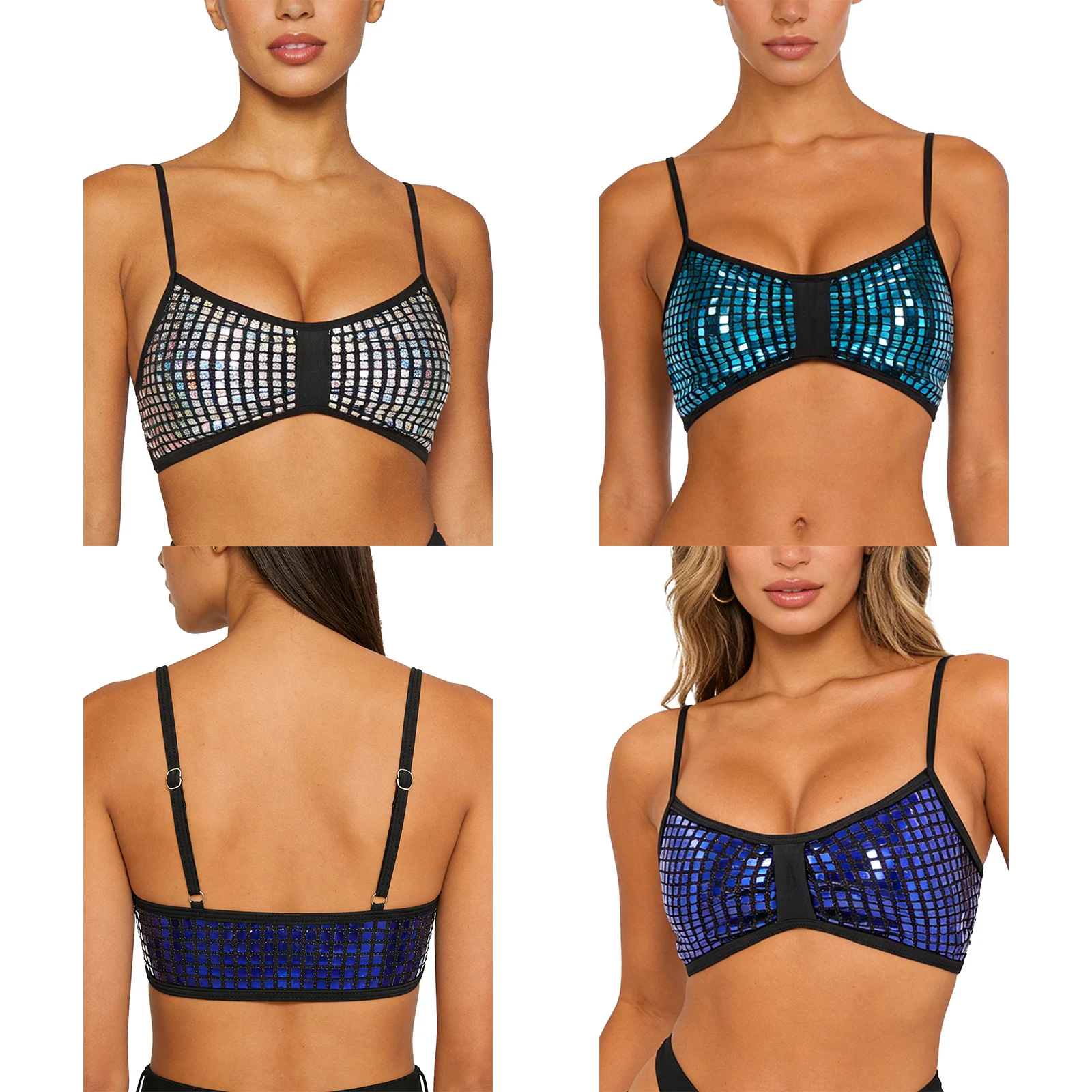 Womens Glittery Sequin Bra Tops Bikini Camisole Adjustable Straps Removable Chest Pads Crop Vest Tank Top for Pride Parade Party