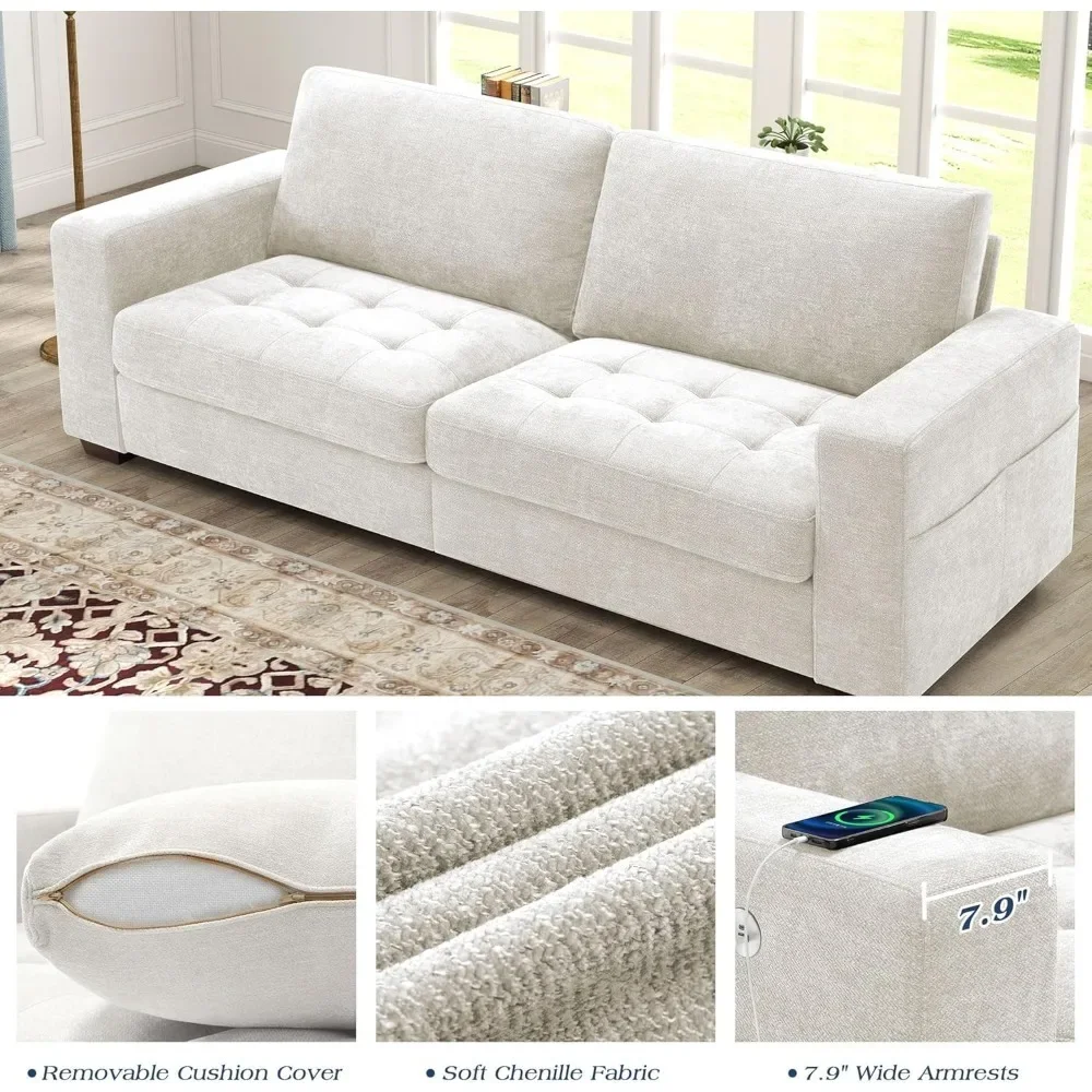 Sofás para sala de estar, conjunto de sofá de chenille, sofá pequeno e moderno, carregamento USB, capa de sofá removível, estrutura de madeira maciça