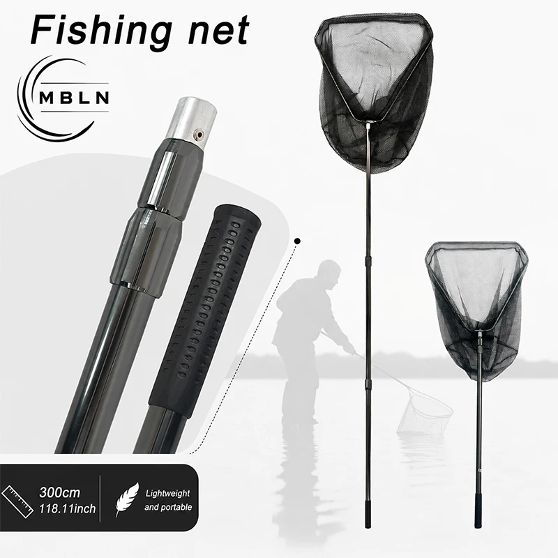300cm Telescopic Fishing Landing Net with Rubber Mesh, Lightweight Aluminum Pole, Deep Fish-Friendly Net