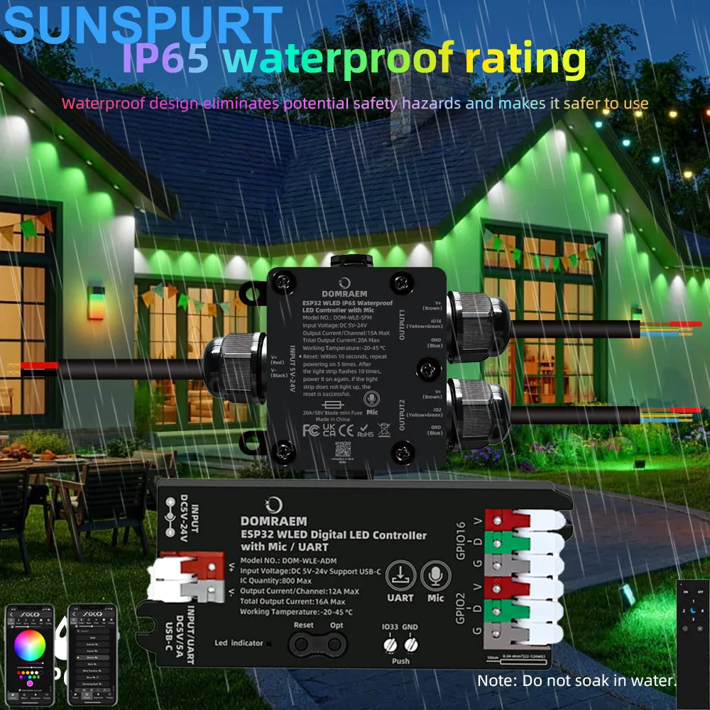 

1-10PC WLED Controller ESP32 with Mic UART DC 5-24V IP65 Waterproof SPI Strip Light PWM 5IN1 RGBCW Work With WS2811/2812 SM16703