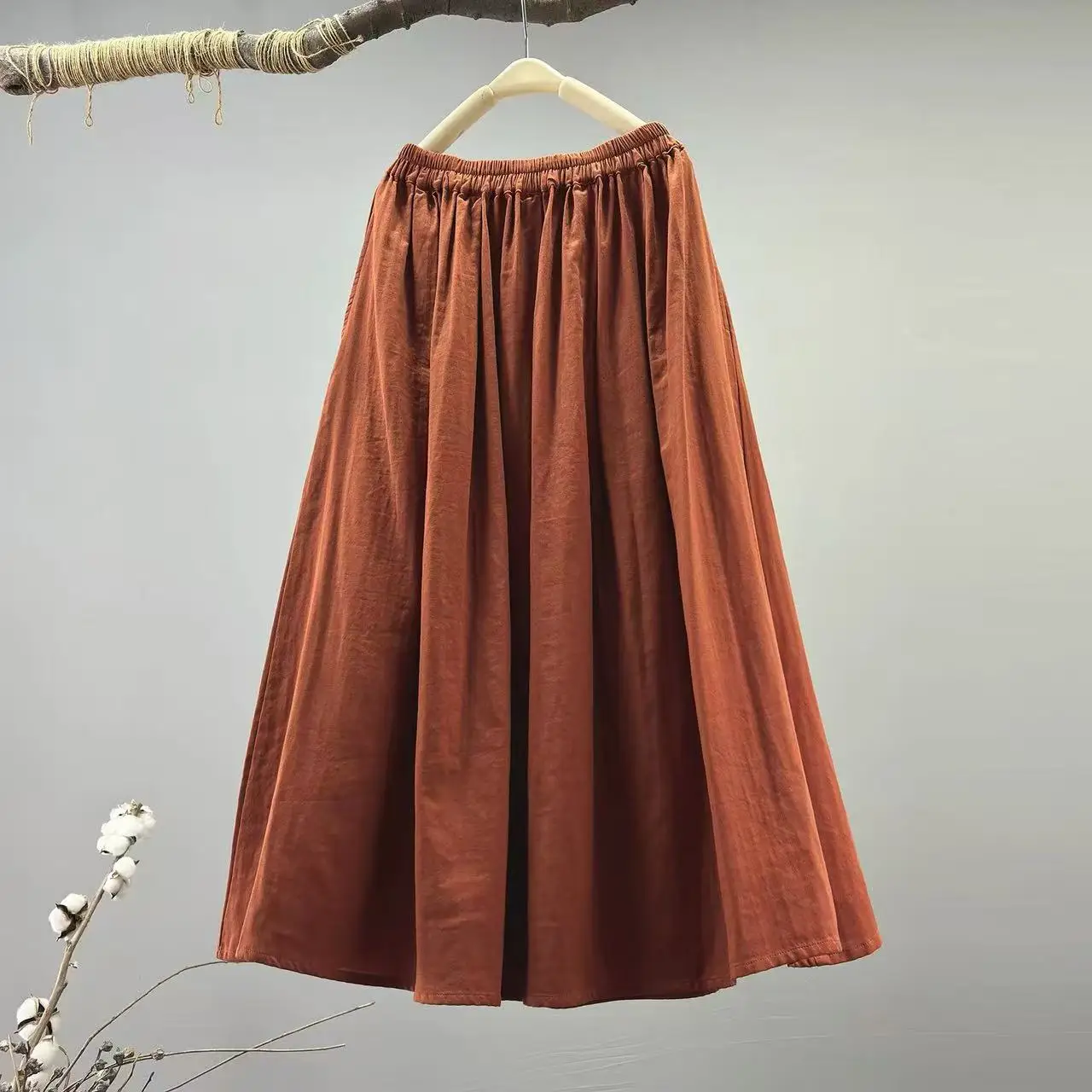 

2026 Women's Cotton Yarn Maxi Skirt Japanese Style Elastic Waist A-Line Flowy Long Skirts with Pockets Boho Summer Skirt