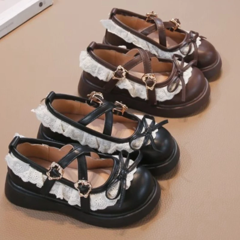 

Fashion Girl Lace Princess Shoes 2025 Autumn New Kids Thick Soled Leather Shoe Simple Girl Round Bow Casual Mary Jane Shoes