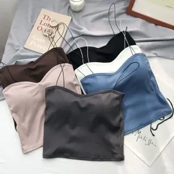 Summer Women's White Top Sleeveless Thin Straps Camisole Solid Color Tank Top with Cups Summer Ice Silk Comfortable Sling