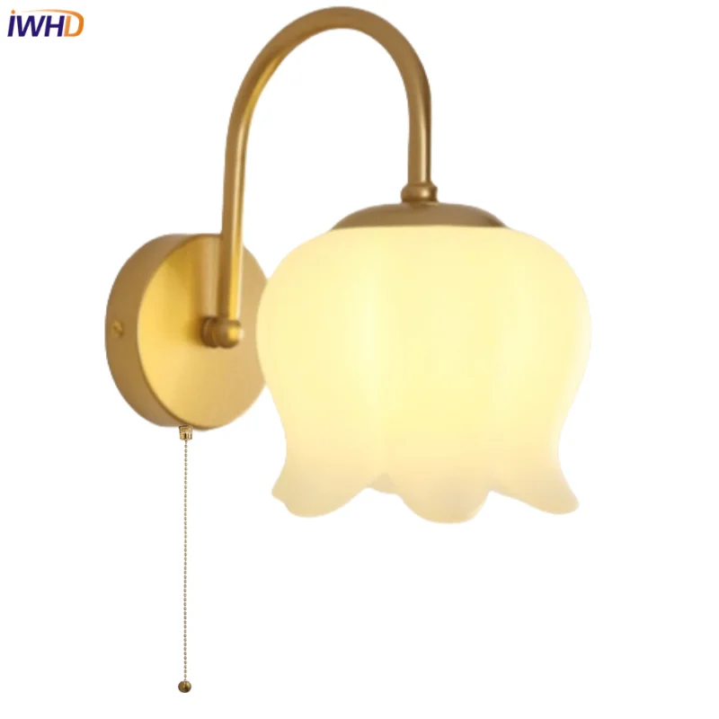 

IWHD Modern Iron LED Wall Lights Sconce Coffee Study Hallway Nordic Art Pull Chain Switch Stair Light Fixtures PVC Bedside Lamp