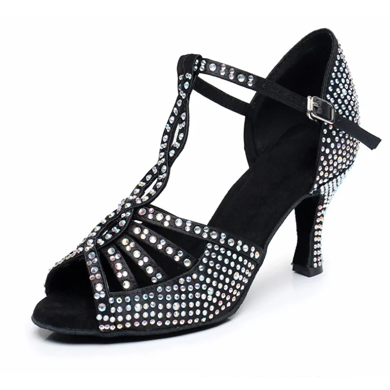 

Black rhinestone Latin dance shoes for female adult indoor professional soft soled high-end dance shoelaces diamond high heels