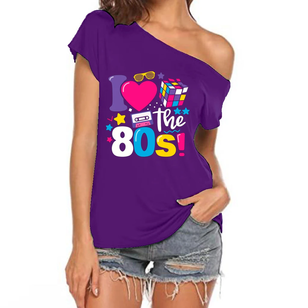 XUANSHOW 2024 Sommer I Love the 80s Emotional Element T-Shirt Sexy Off Shoulder Tops Kurzarm Buchstaben bedrucktes T-Shirt – Detail 16