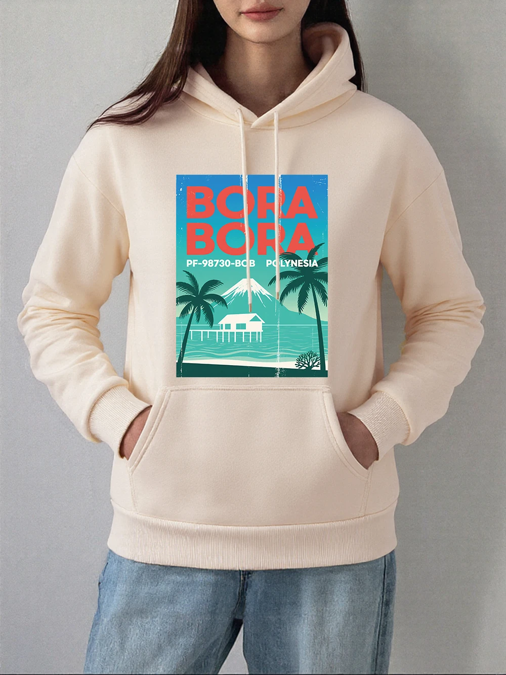 ボラポリネシアレタープリントパーカー女性の冬フリース暖かいプルオーバー基本ポケットスウェットカジュアルルーズ婦人服