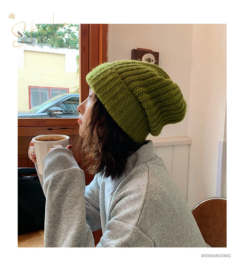 Fashion Hats Beige Green Black Women\'s hat Warm Winter hats Woman 2022 New In Stretch Beanie Warm Caps Women Steetwear Bonnets