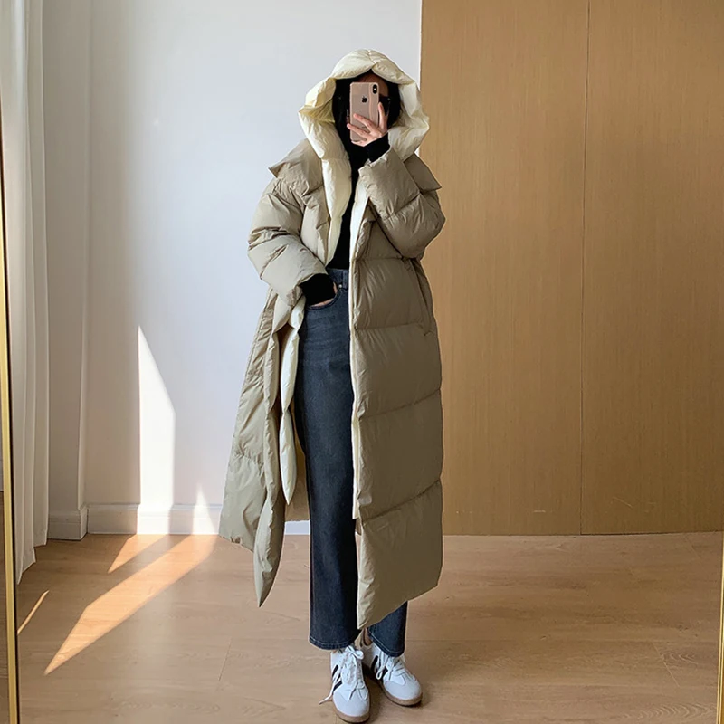 Long Women\'s Duck Down Coat Winter Oversized Luxury Warm Hooded Patchwork Puffer Jacket 2023 Desinger Female Fluffy Outwear