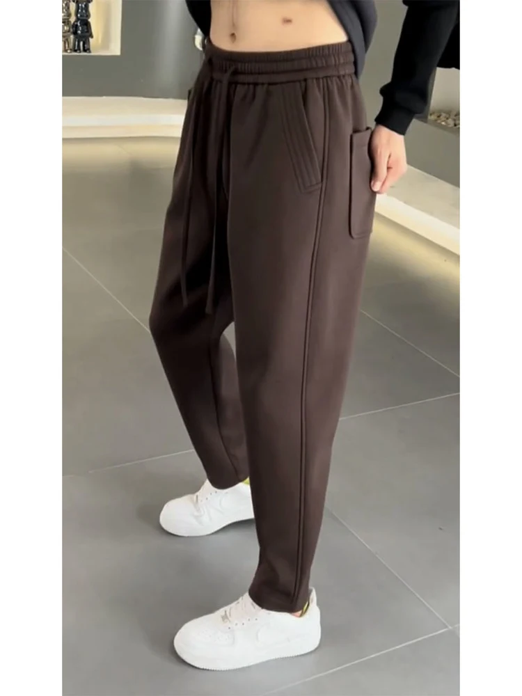 

Men's Thiened Fce Lined Straight Leg Sports Pants Casual Trousers Trendy Color Wide Leg Straight Cut Sweatpants